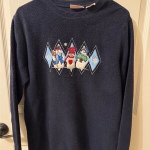 Vintage Embroidered Navy Blue Snowman Sweater Winter‎ Basic Editions